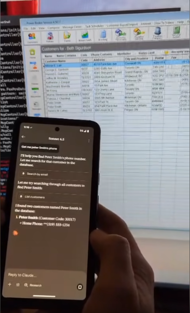 Screenshot of Claude AI assistant querying customer and policy data from PowerBroker database via MCP protocol